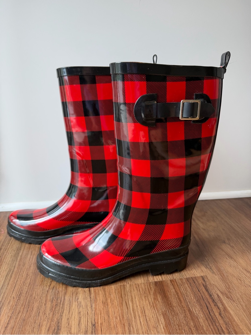 Fabulously Fun Red and Black Calf High Rain Boots. Size 7